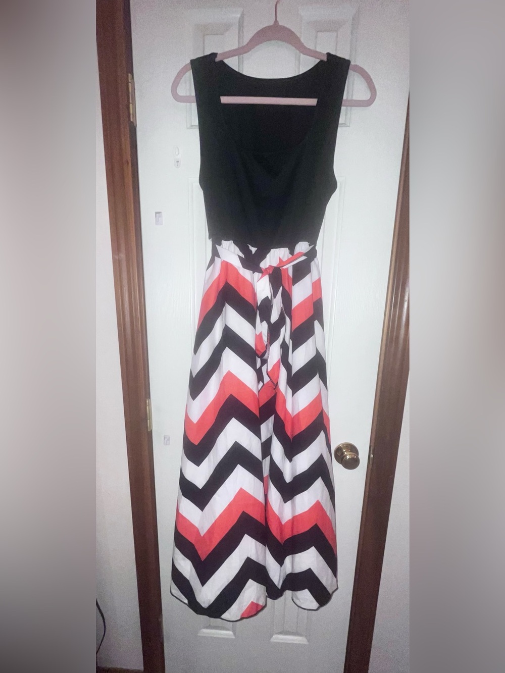 Sleeveless Chevron Maxi Dress with Black Bodice - Orange/Black/White